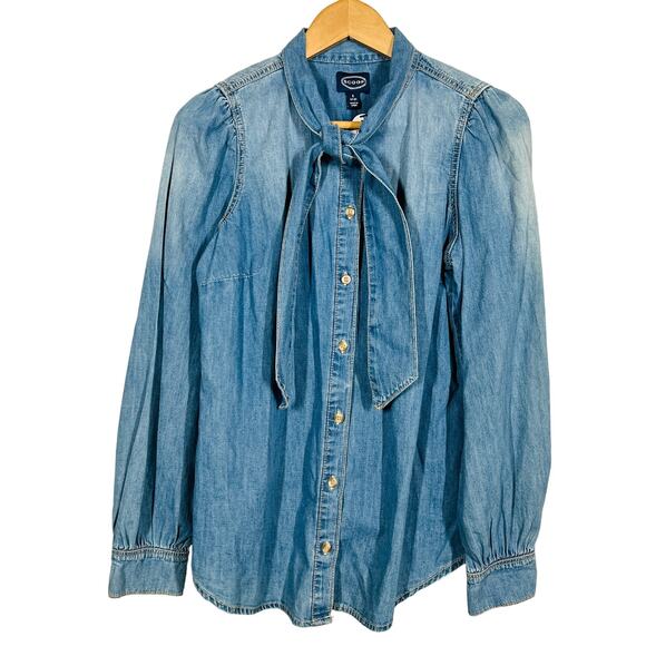 NEW! Scoop Chambray Blouse Tie Neck Long Sleeve Casual Blue - S - Picture 2 of 5